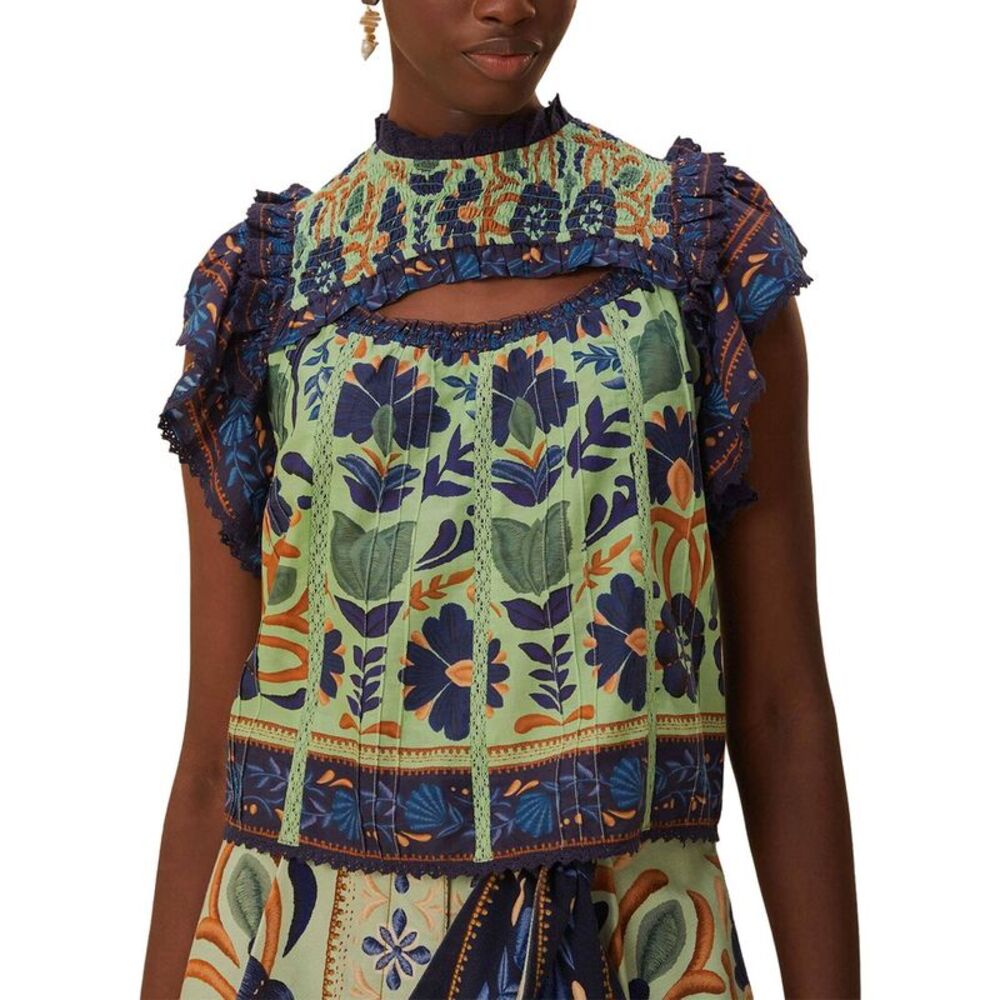 Farm Rio Womens  Ocean Tapestry Green Sleeveless Blouse